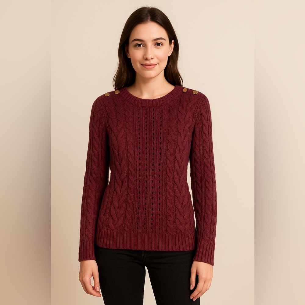 LOFT Cable Knit Sweater XS‎ Plum Wool Blend Button Shoulder Cozy Cottagecore